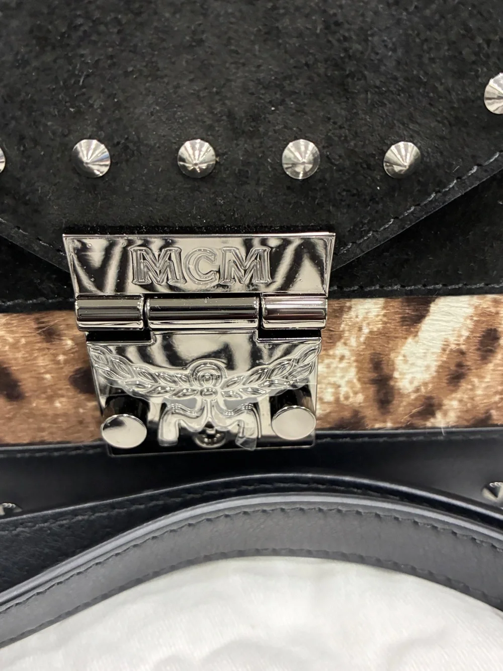 MCM Patricia Studded Leopard Haircalf Crossbody bag- Black Leather-preowned - Picture 2 of 9